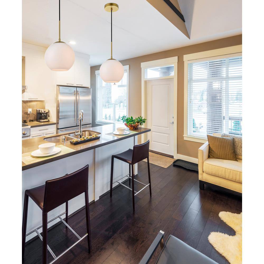 Angle. Living District - Baxter 1 Light Brass Pendant With Frosted White Glass - Brass And Frosted White.