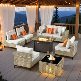 Ovios - 8 PCS Patio Furniture Sofa Set Sectional Couch with Coffee Table & 42" Fire Pit Table for Yard - Gray
