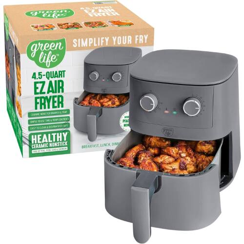 ASQART greer ZR E7 ebc FRYER  
SIMPLIFY YOUR FRY  
green life 4.5-QUART EZ AIR FRYER  
ONSTICKBRANER & THAT CERAMIC TIME & TEMP CONTROLS  
SIMPLE TO USE  
PFAS DISHWASHER SAFE  
MON TO CLEAN & EASY  
HEALTHY NONSTICK  
LUNCH, DINNER  
CERAMIC BREAKFAST,  
BREAKFAST, LUNCH, DINNER  
CHENIUN FHEE OF  
How he