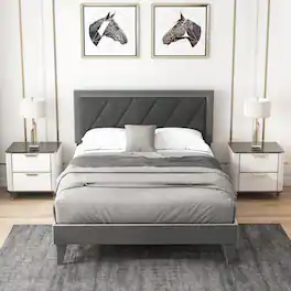 LUCKY ONE - Full Assembled Platform Bed with High Velvet Headboard Wooden Slats 1763 lbs - Gray & Black-Full