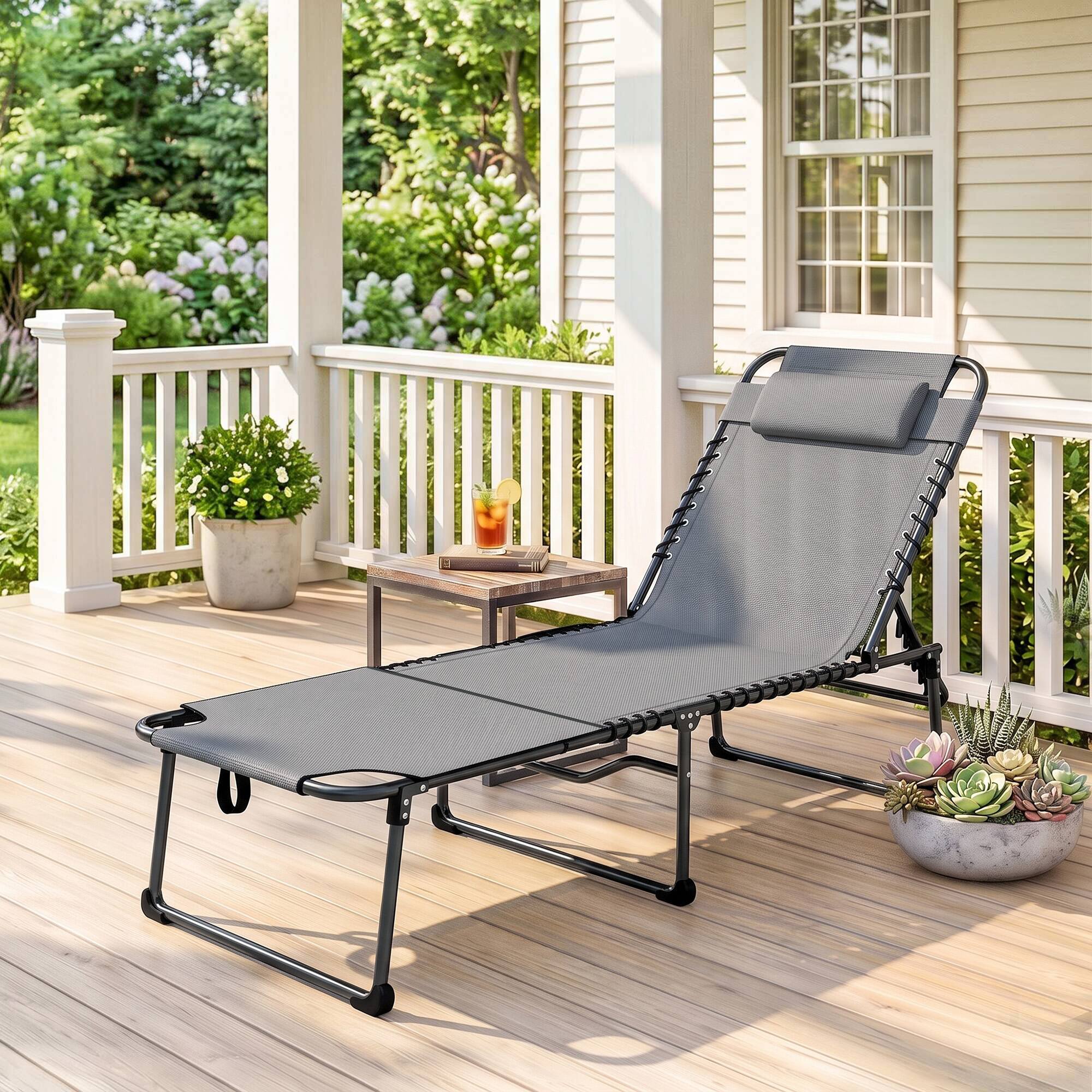 Alt View 1. Outsunny - Chaise Tanning Lounge Chair w/ 5-level Reclining Back, Reading Hole, Side Pocket - Gray.
