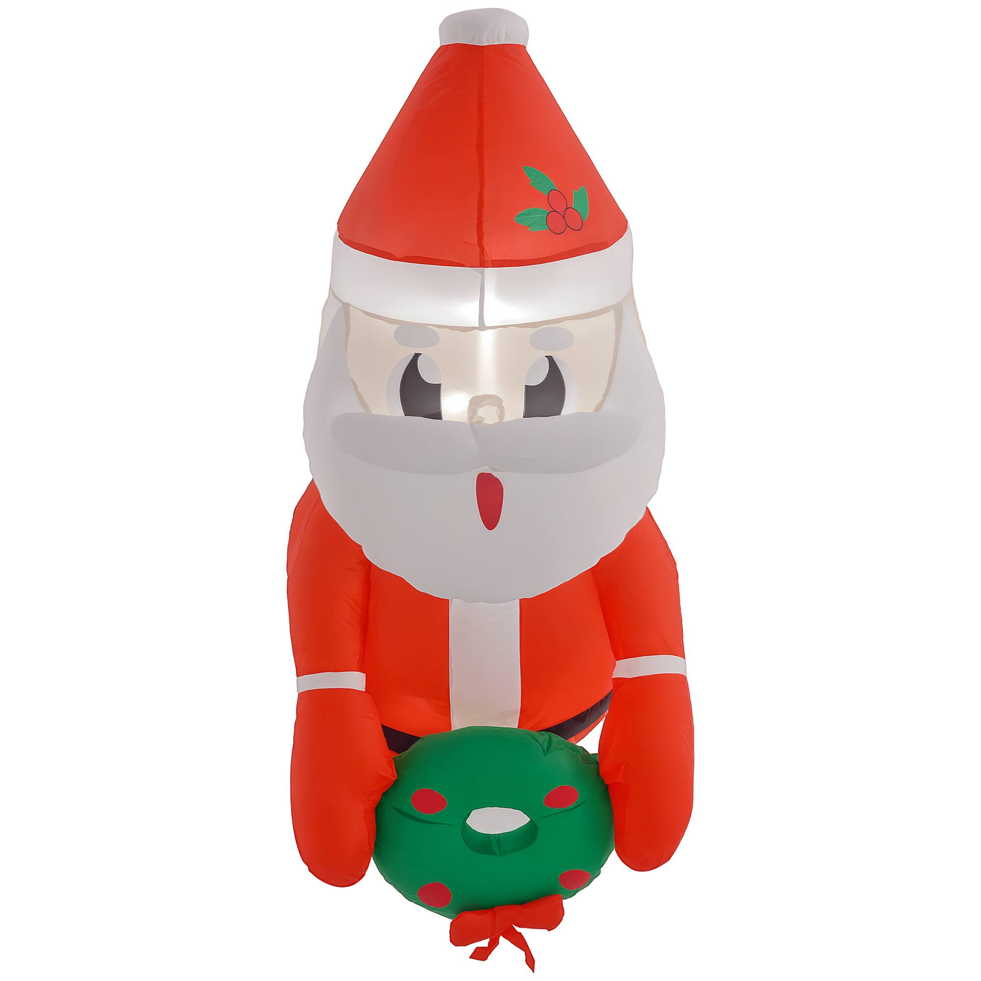 Front. Outsunny - 3.4' Christmas Inflatables Hanging Santa Claus Holding Wreath with White LED Lights, Blow-Up Christmas Decor for Party - Red.
