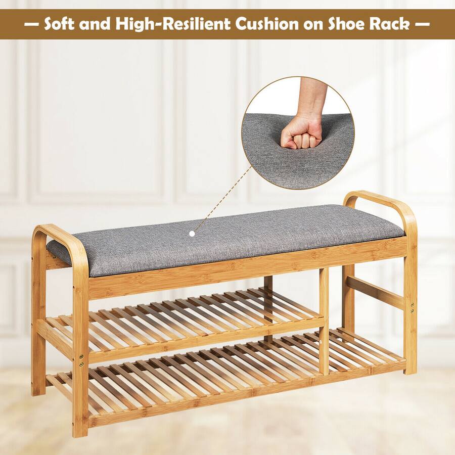 Cushion Rack Costway Shoe Rack Entryway 3 Tier Bamboo Shoe Bench Organizer W/Cushion ...