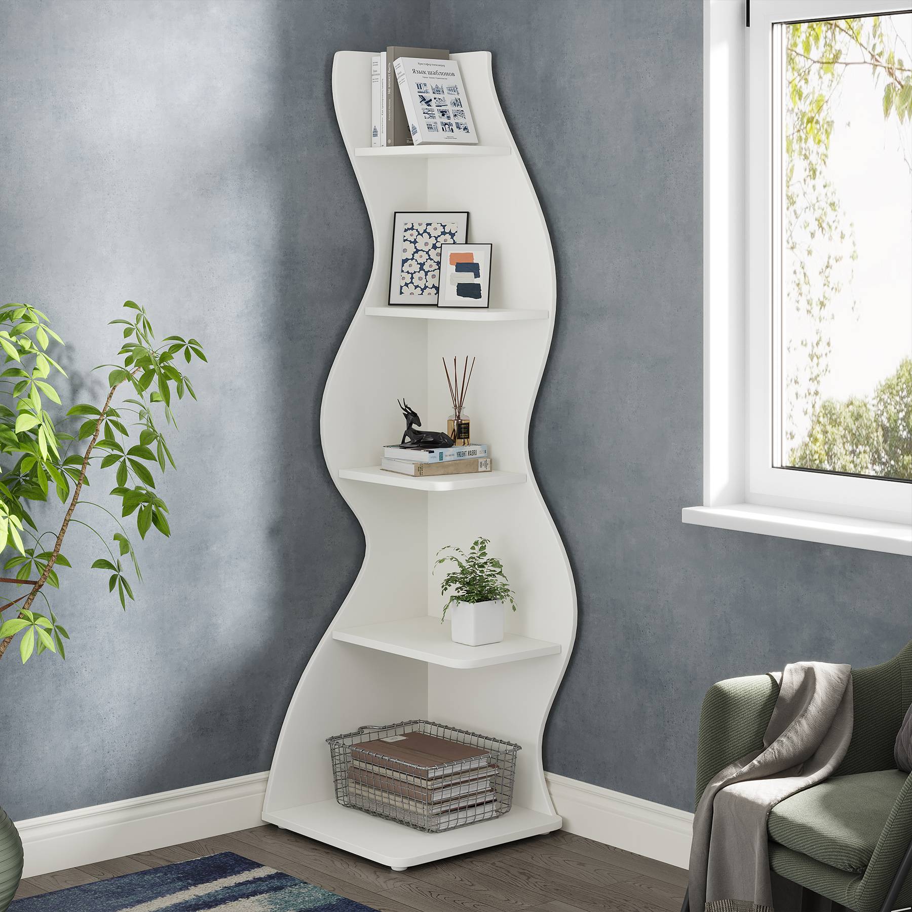 Back. Tribesigns - Corner Bookshelf with Storage Shelves and Space-Saving Design for Books, Decor and Everyday Organization - White.