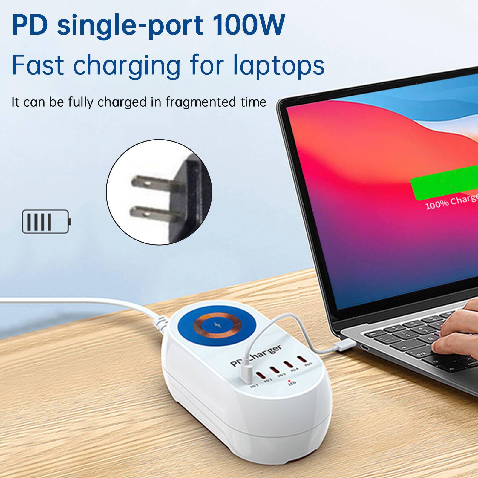 PD single-port 100W  
Fast charging for laptops  

It can be fully charged in fragmented time  

100% Charge