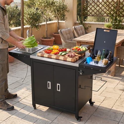 Winado - Movable Rolling Grill Cart with Cold Drink Area, Sink, BBQ Prep Table, Cabinet, Bottle Opener for Outdoor Backyard Patio - Black