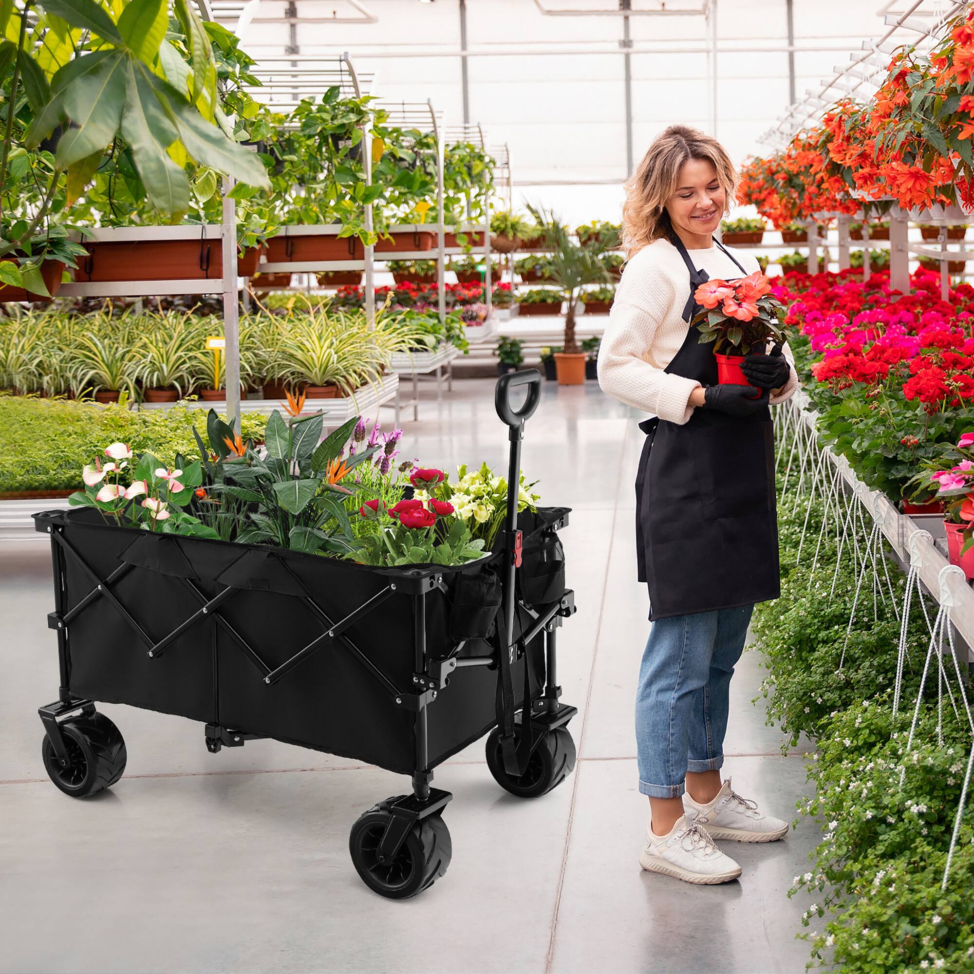 Alt View 3. Costway - Folding Collapsible Wagon Utility Garden Cart w/ Wide Wheels Adjustable Handle Black - Black.