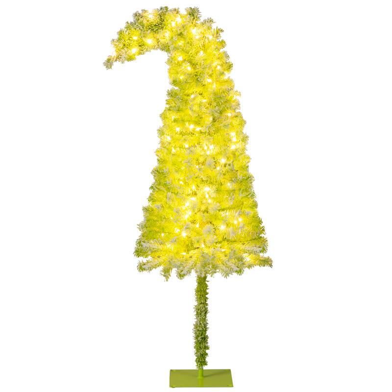 Front. WELLFOR - 6ft Pre‑Lit Whimsical Artificial Christmas Tree, Snow‑Flocked Slim Pencil Xmas Tree with 290 Branch Tips,120 LED Lights - Green.