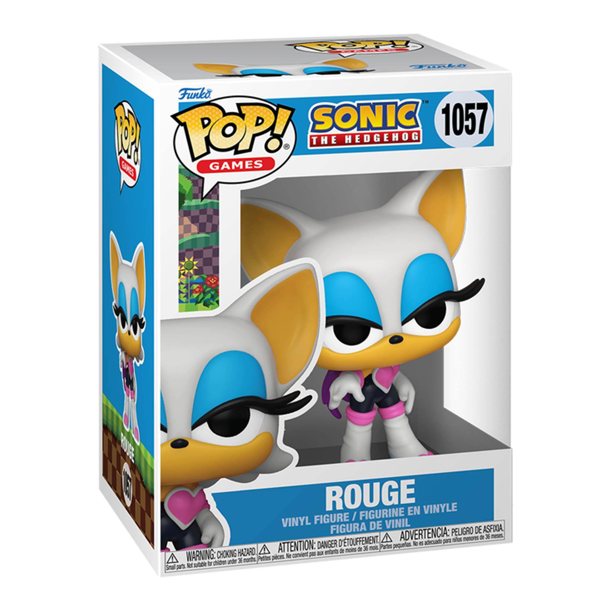 Sure, here is the corrected and grouped text from the image:

---

**Top Left:**
- Funko POP! GAMES

**Top Center:**
- SONIC THE HEDGEHOG 1057

**Center:**
- ROUGE

**Bottom Center:**
- VINYL FIGURE / FIGURINE EN VINYLE
- FIGURA DE VINIL
- FIGURA DE VINIL

**Bottom Left:**
- WARNING: CHOKING HAZARD - Small parts. Not for children under 3 years.
- ATTENTION: PELIGRO DE ASFIXIA - Piezas pequeñas. No es adecuado para menores de 3 años.
- ADVERTENCIA: DANGER DE COMBUSTION - Pequeñas piezas. No es adecuado para menores de 3 años.

**Bottom Right:**
- VINYL FIGURE / FIGURINE EN VINYLE
- FIGURA DE VINIL

---