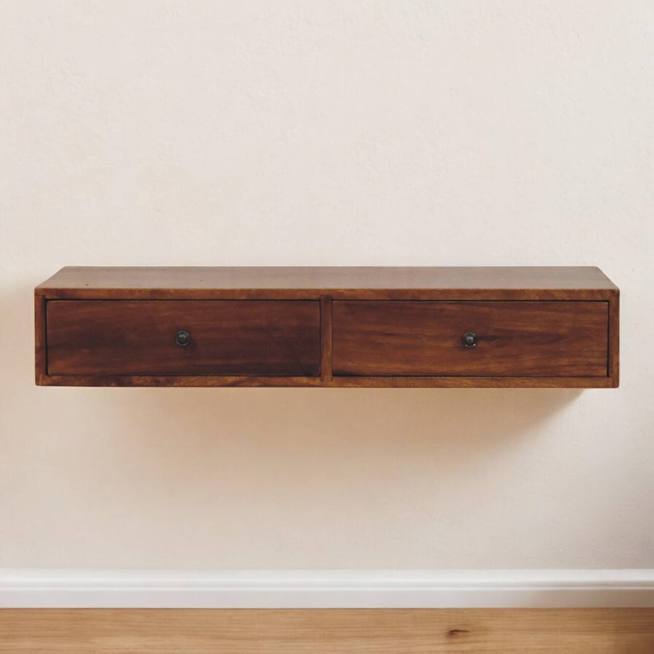Angle. Artisan Furniture - Artisan Furniture Solid Wood Lunar 2 Drawer Chestnut Wall Mounted Console, 2 Drawers, Dark Brown - Dark Brown.