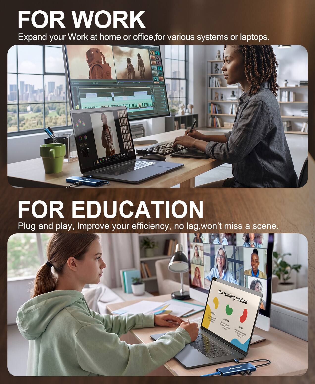 FOR WORK  
Expand your Work at home or office, for various systems or laptops.

FOR EDUCATION  
Plug and play, Improve your efficiency, no lag, won't miss a scene.  
Our teaching method