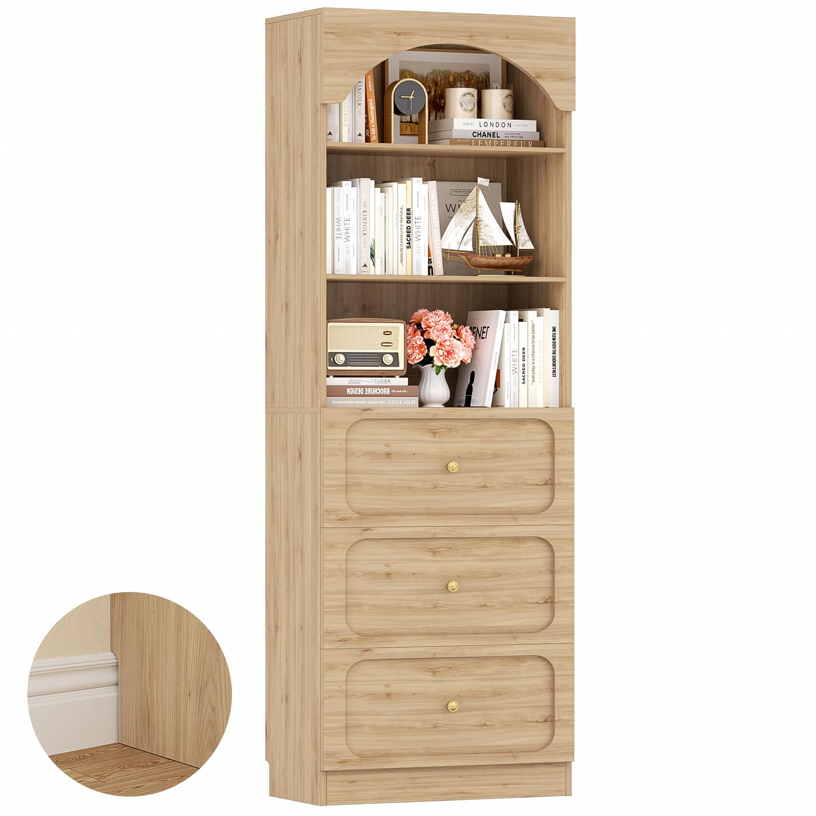 Aheaplus - 80"Tall Arched Bookcase with 3 Drawers & 3-Tier Open Shelves – Wooden Storage Cabinet for Living Room, Kitchen - Brown