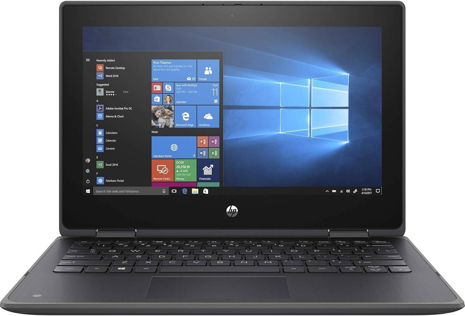 Recently Added  
Remote Desktop  
Word 2016  

Suggested  
Seismic  
Free  

Adobe Acrobat Pro DC  
Alarms & Clock  
Calculator  
Calendar  
Camera  
Microsoft Edge  
OneDrive  

Webtritam Portal  
Excel 2016  
Fabrikam Portal  

Search the web and Windows  

Calendar:  
- Sync with Rodrigo  
  3:00 PM - 4:00 PM  
  Tuesday, 11  

DOW:  
20,258.19  
+0.17%  
3:19 PM EDT  

Remote Desktop  
Money  
Financials  

2:30 PM  
4/12/2017