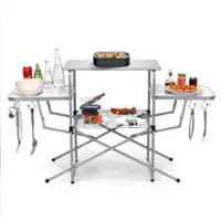 Costway Foldable Camping Table Outdoor Kitchen Portable Grilling Stand Folding BBQ Table - light gray - Front_Zoom