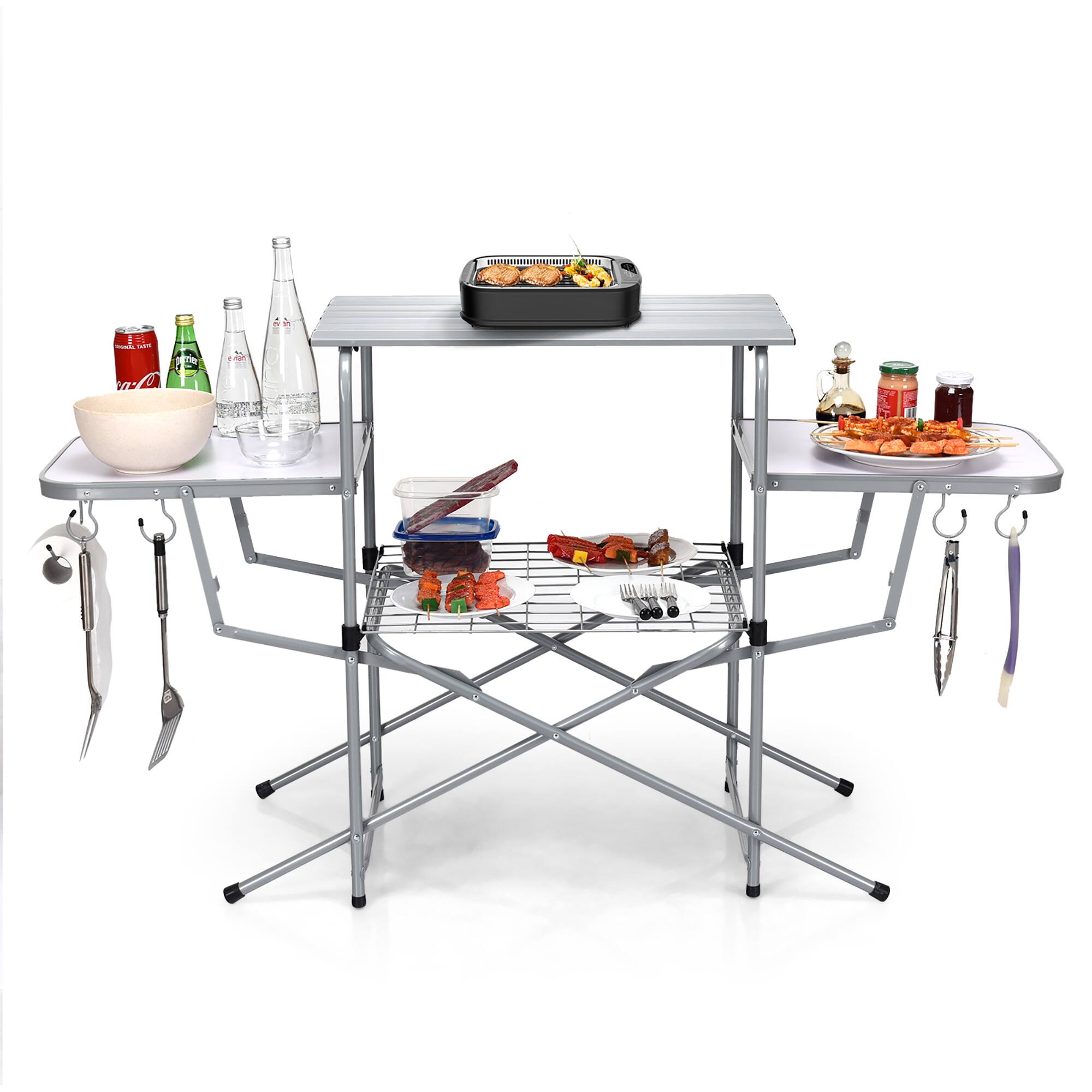 Costway - Foldable Camping Table Outdoor Kitchen Portable Grilling Stand Folding BBQ Table - light gray