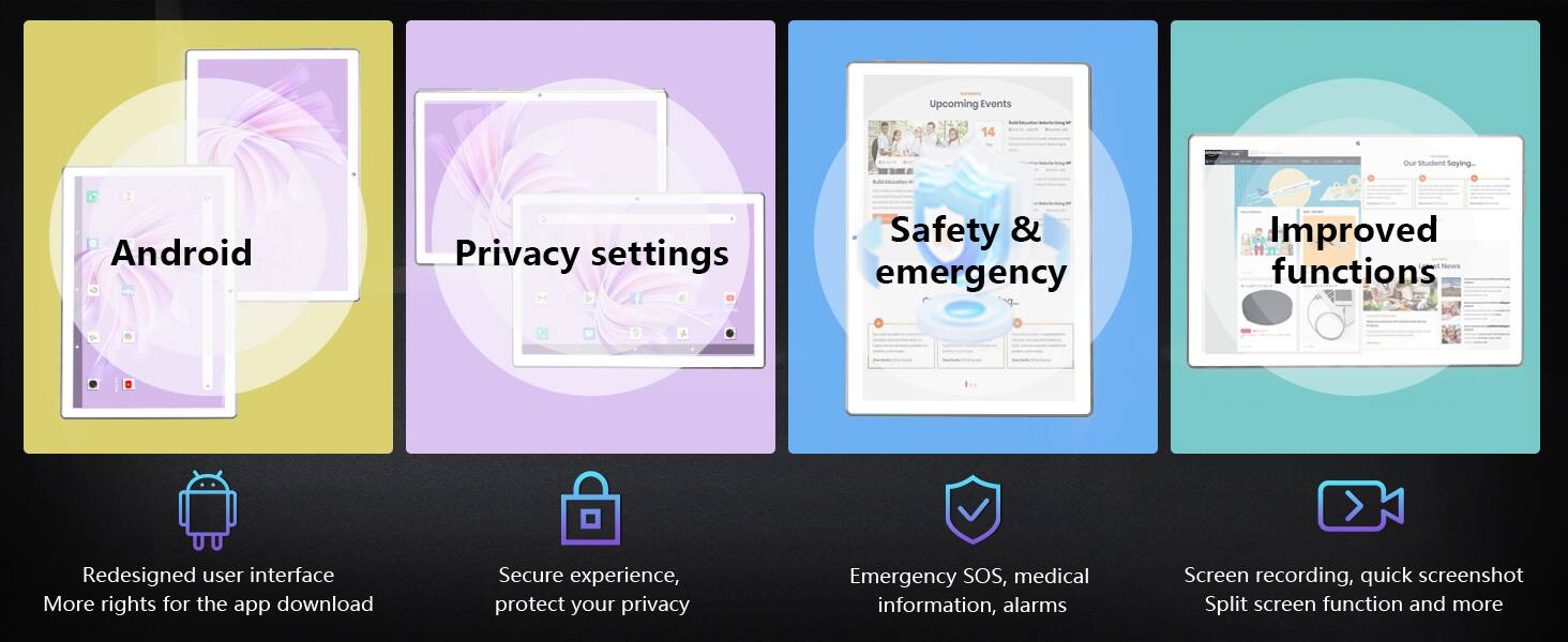 Upcoming Events

14 Oue sudant Seying.

Android
- Redesigned user interface
- More rights for the app download

Privacy settings
- Secure experience, protect your privacy

Safety & emergency
- Emergency SOS, medical information, alarms

Improved functions
- Screen recording, quick screenshot
- Split screen function and more