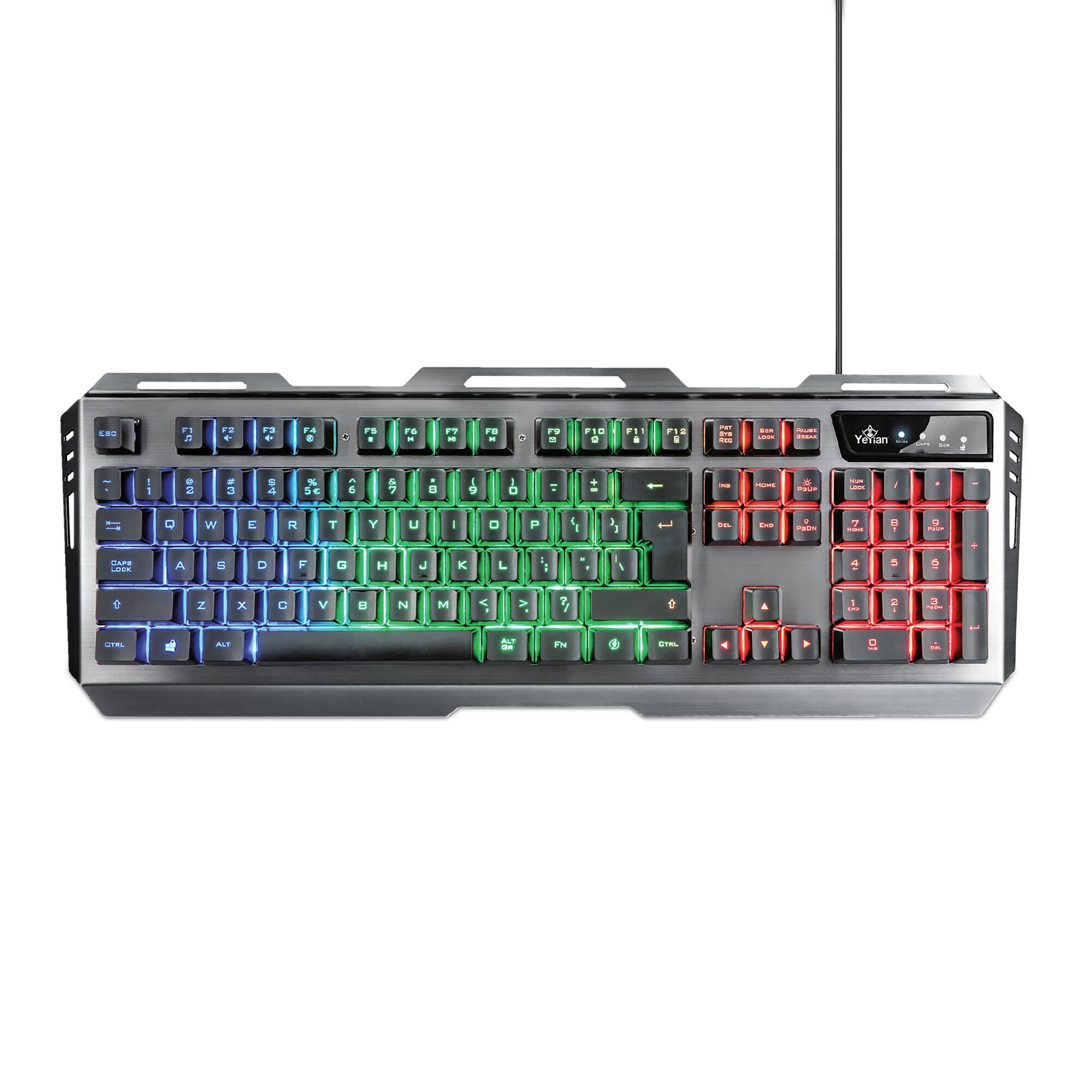 Sure, here is the corrected and grouped text from the image:

- F1 F2 F3 F4 F5 F6 F7 F8 F9 F10 F11 F12
- ESC 1 2 3 4 5 6 7 8 9 0 - = Backspace
- Tab Q W E R T Y U I O P [ ] \
- Caps Lock A S D F G H J K L ; ' Enter
- Shift Z X C V B N M , . / Shift
- Ctrl Fn Alt Spacebar Alt Gr Ctrl
- Fn Lock
- Volume Control (Mute, Up, Down)
- Windows Key
- Yehan
- RGB
- USB
- Bluetooth

The text is grouped by the sections of the keyboard and the additional controls on the right side.