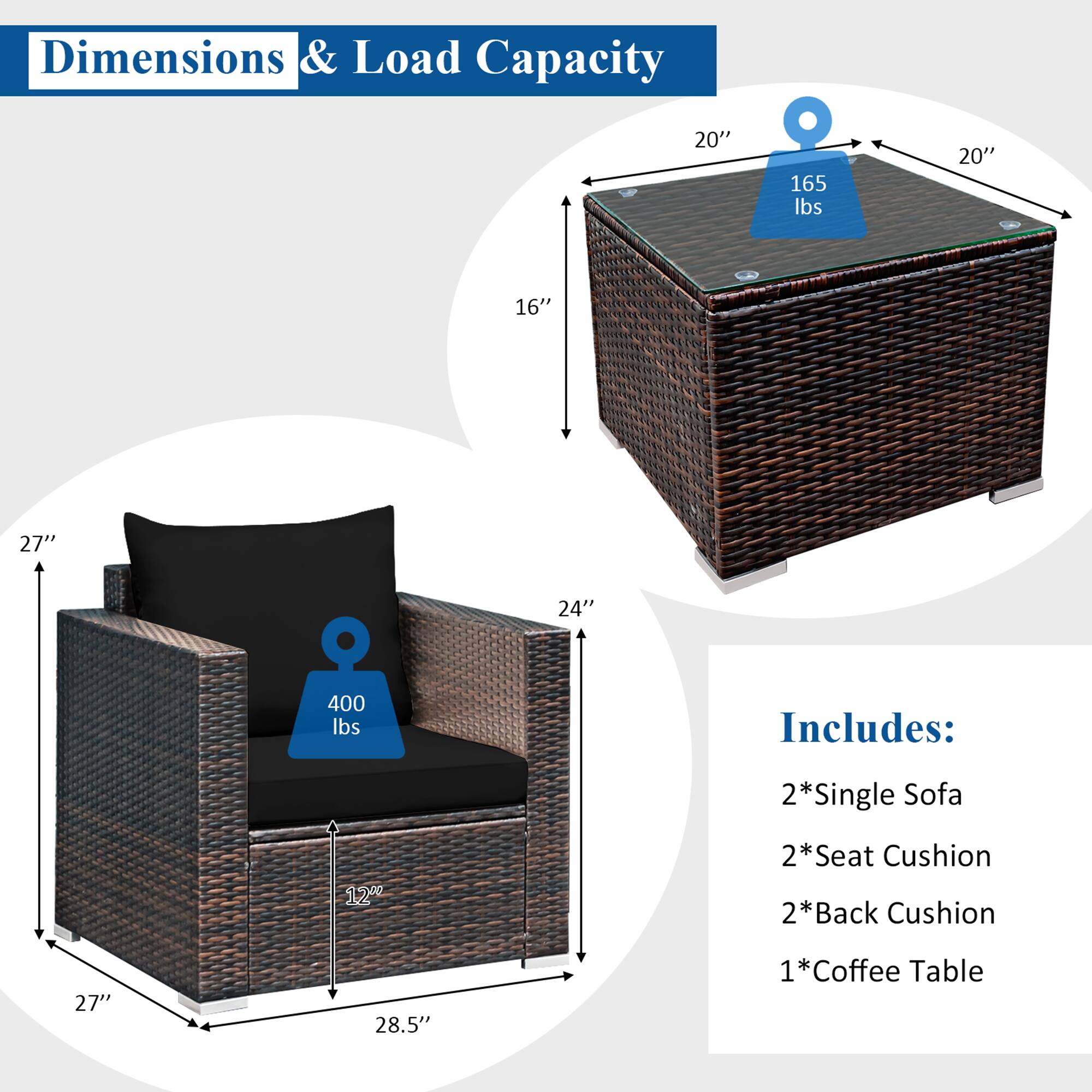 Dimensions & Load Capacity

- 20" x 20" x 16" - 165 lbs
- 27" x 28.5" x 24" - 400 lbs

Includes:
- 2*Single Sofa
- 2*Seat Cushion
- 2*Back Cushion
- 1*Coffee Table