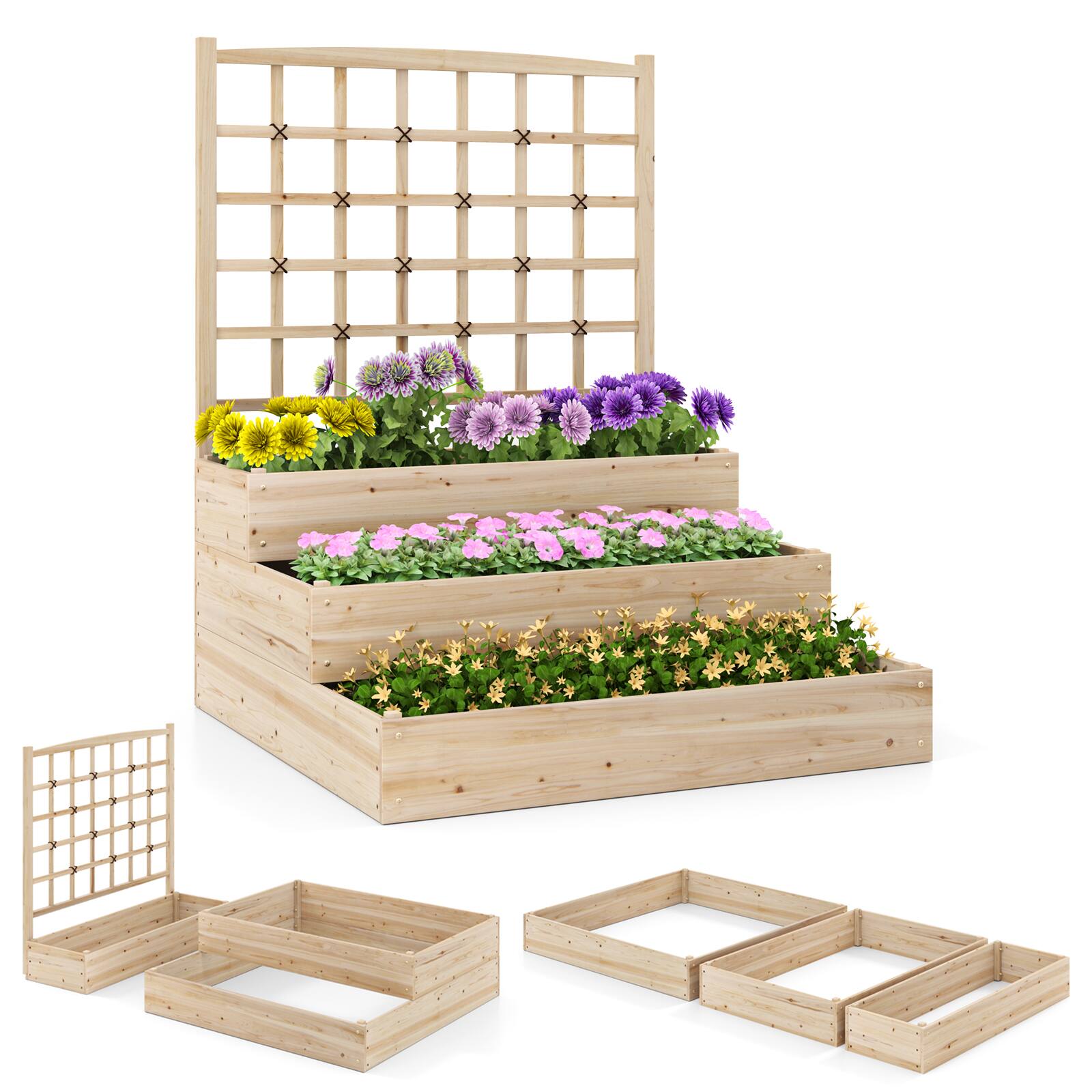 Alt View 1. Gymax - Gymax 44'' x 45'' x 56'' 3-Tier Raised Garden Bed w/ Lattice Trellis Open-Ended Base - Natural.