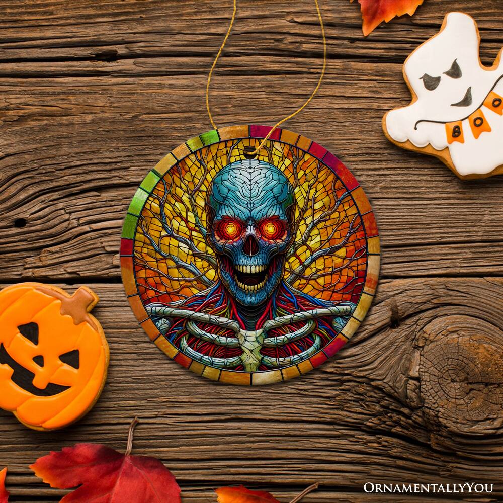 Back. OrnamentallyYou - Red-Eyed Skeleton for Halloween Frights Stained Glass Style Ceramic Ornament Halloween Themed - Multi-colored.