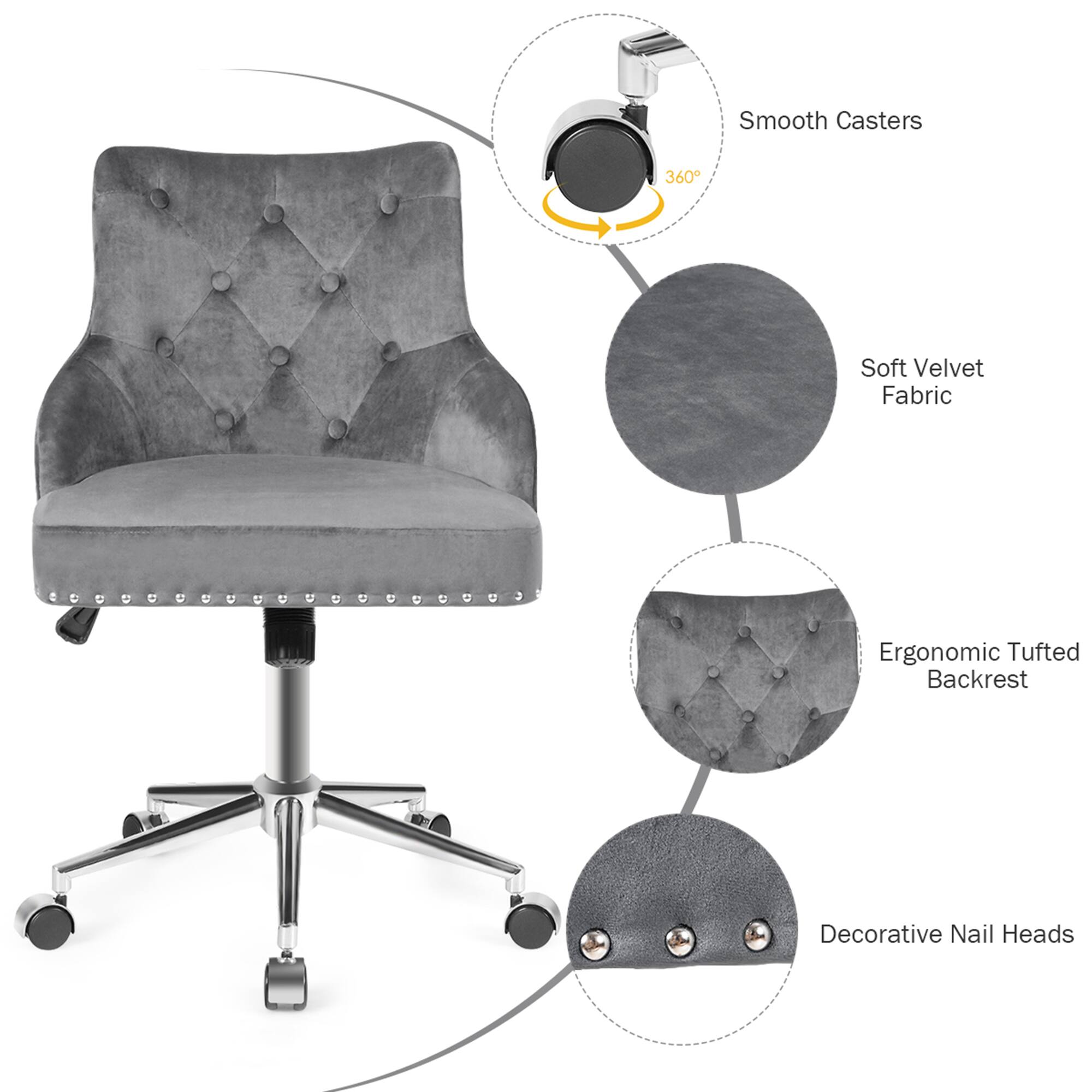 The text on the image is grouped and corrected as follows:

"Smooth Casters 360 Soft Velvet Fabric Ergonomic Tufted Backrest Decorative Nail Heads"