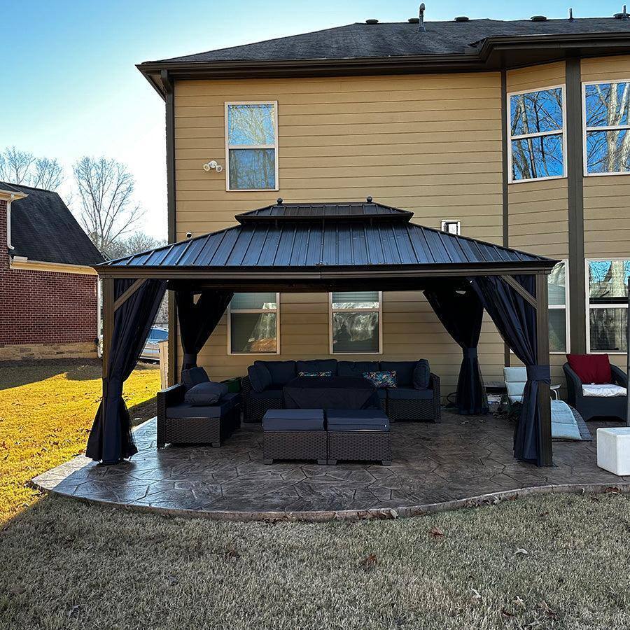 Alt View 1. PURPLE LEAF - 12' X 16' Outdoor Hardtop Gazebo for Patio Bronze Aluminum Frame Pavilion with Navy-Blue Curtain - 12' X 16'.