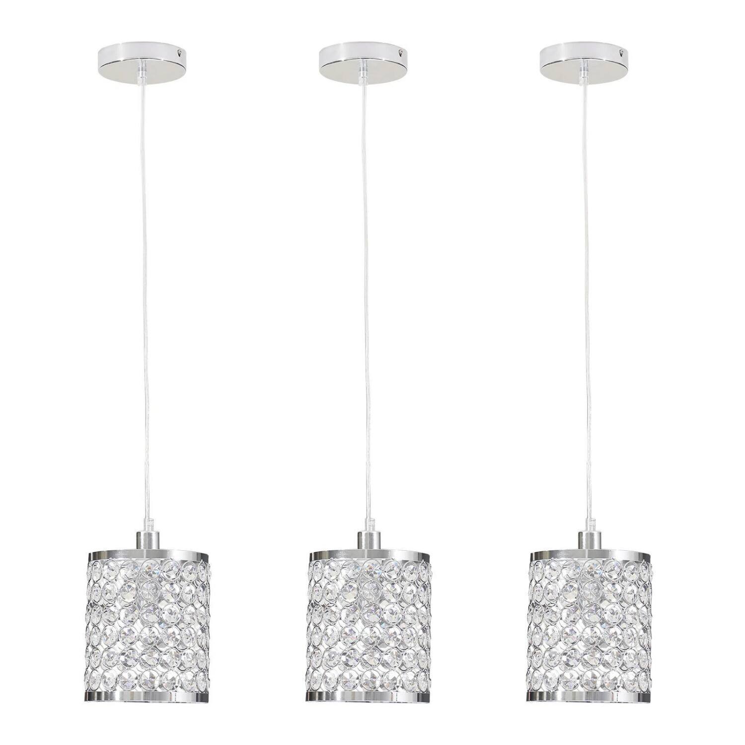 Front. Stock Preferred - Set of 3 Crystal Pendant Ceiling Lights with Adjustable Metal Cords - Silver.