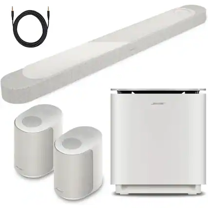 Front. Bose - Bose Home Theater Set Bundle with 1 Lifestyle Ultra Soundbar, 2 Ultra Speakers, & 1 Subwoofer, Aux Cable (White) - White.
