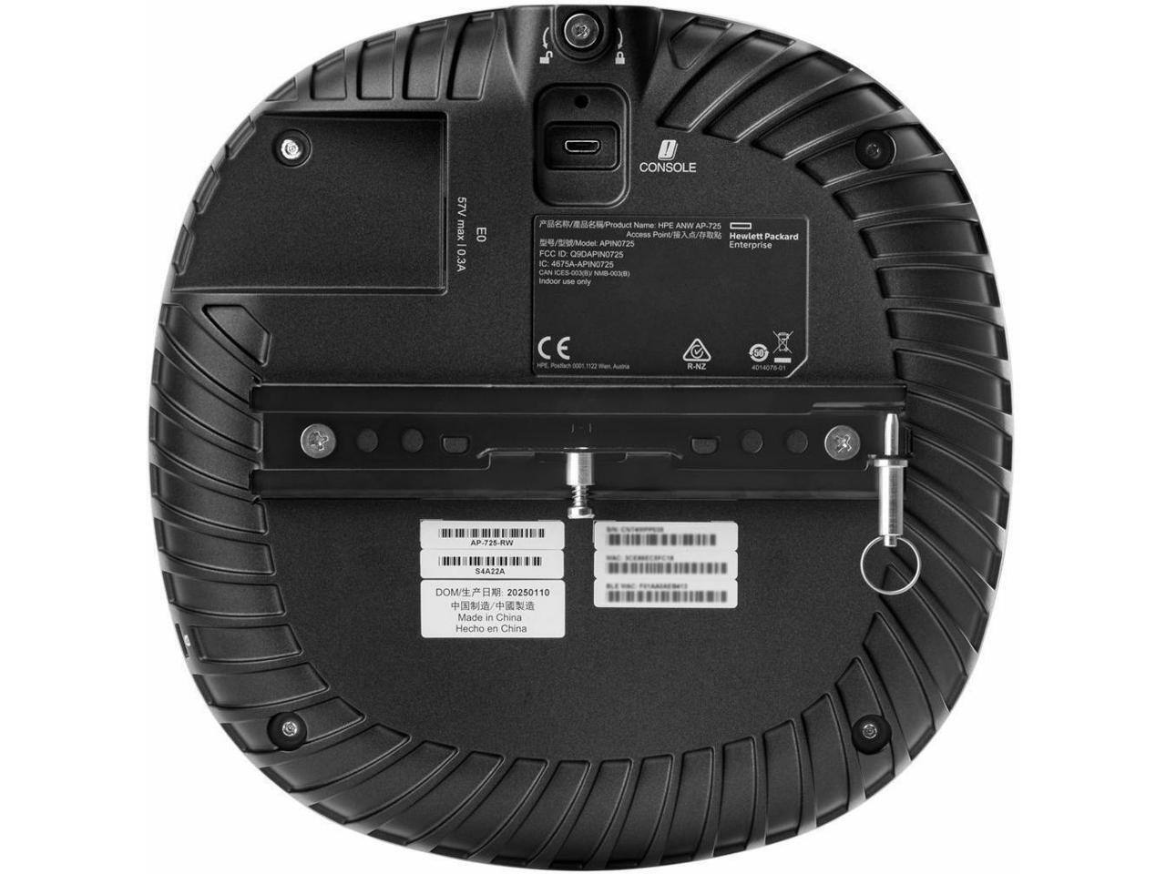 - CONSOLE 57V max 0.3 03
- Product Name: NPE ANW AP-725 Access Point
- Hewlett Packard Enterprise
- Model: APIN0725
- FCC ID: D090APIN0725
- IC: 4875A-APIN0725
- GAN IES-N-003
- Indoor use only
- CE
- Aubra R-NZ
- 4014078-01
- AP-725-RWV
- 4A22A
- DOM/20250110
- Made in China
- Hecho en China