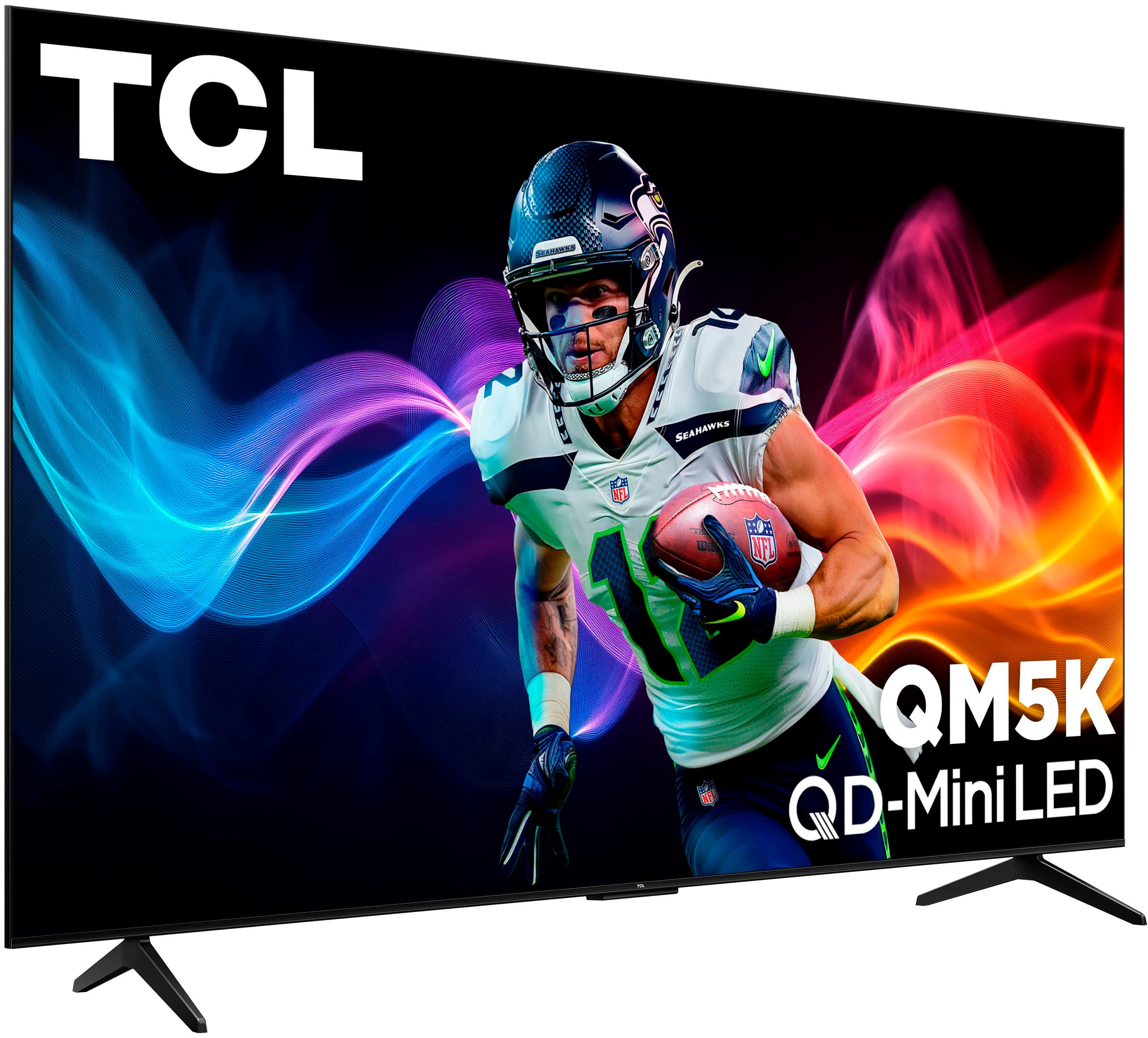 TCL is the brand of the television, and the team featured on the screen is the Seahawks. The television is advertised as having NFL features and QM5K & QD-MiniLED LED technology.