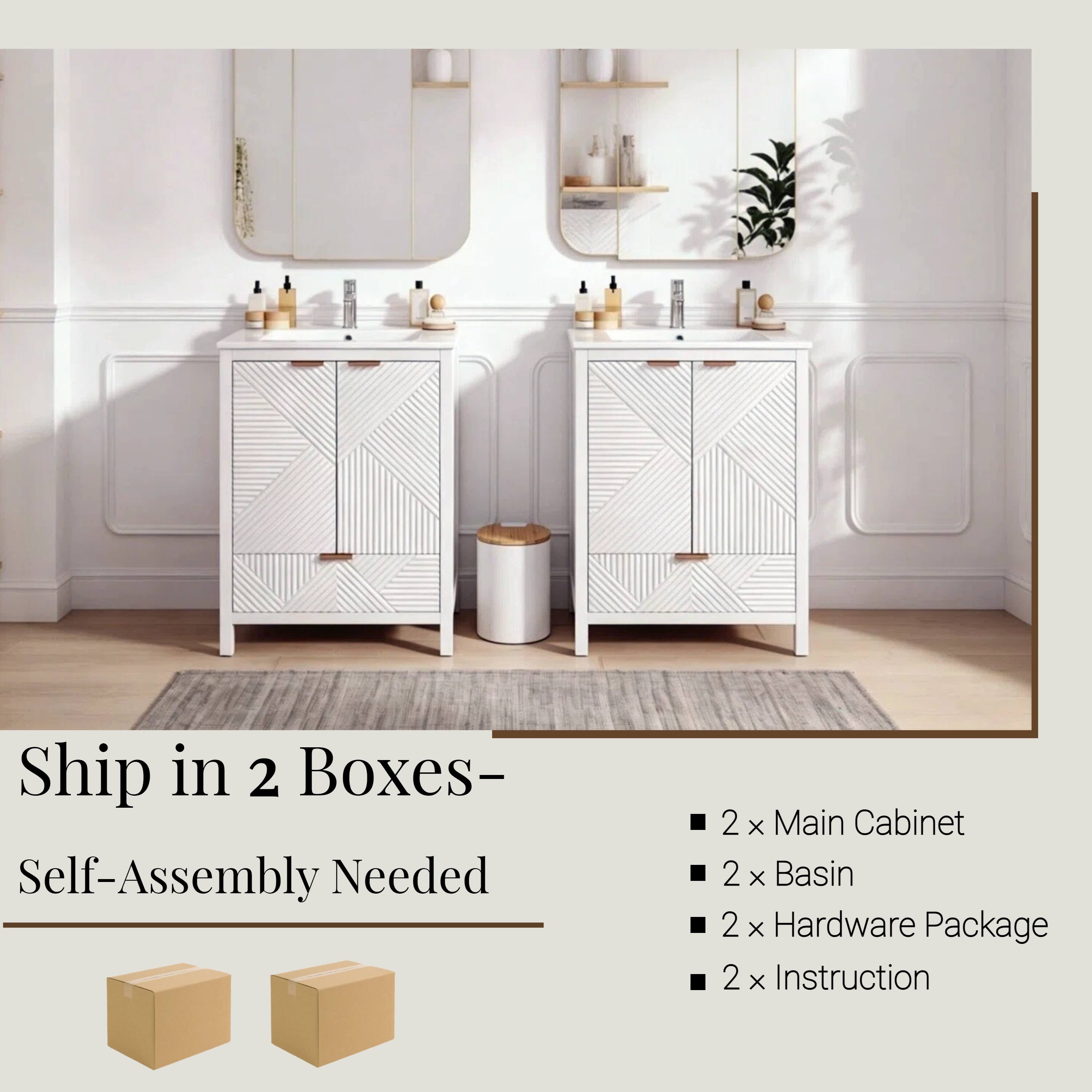 Ship in 2 Boxes-  
Self-Assembly Needed

- 2 x Main Cabinet
- 2 x Basin
- 2 x Hardware Package
- 2 x Instruction