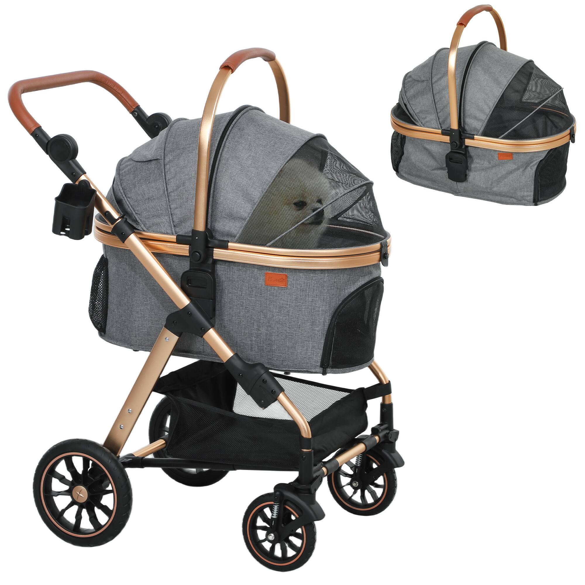 Front. Pawhut - 3 in 1 Dog Stroller, Detachable Cabin, 4 Wheel Folding, Adjustable Canopy, Rubber Wheels, Storage.