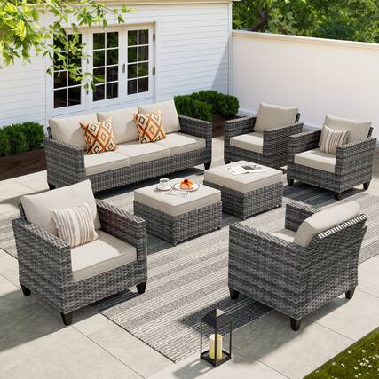 Front. Ovios - 7 PCS Patio Furniture Set All-Weather Rattan 3 Seat Sofa with Comfy Armchairs & Ottomans - Beige.