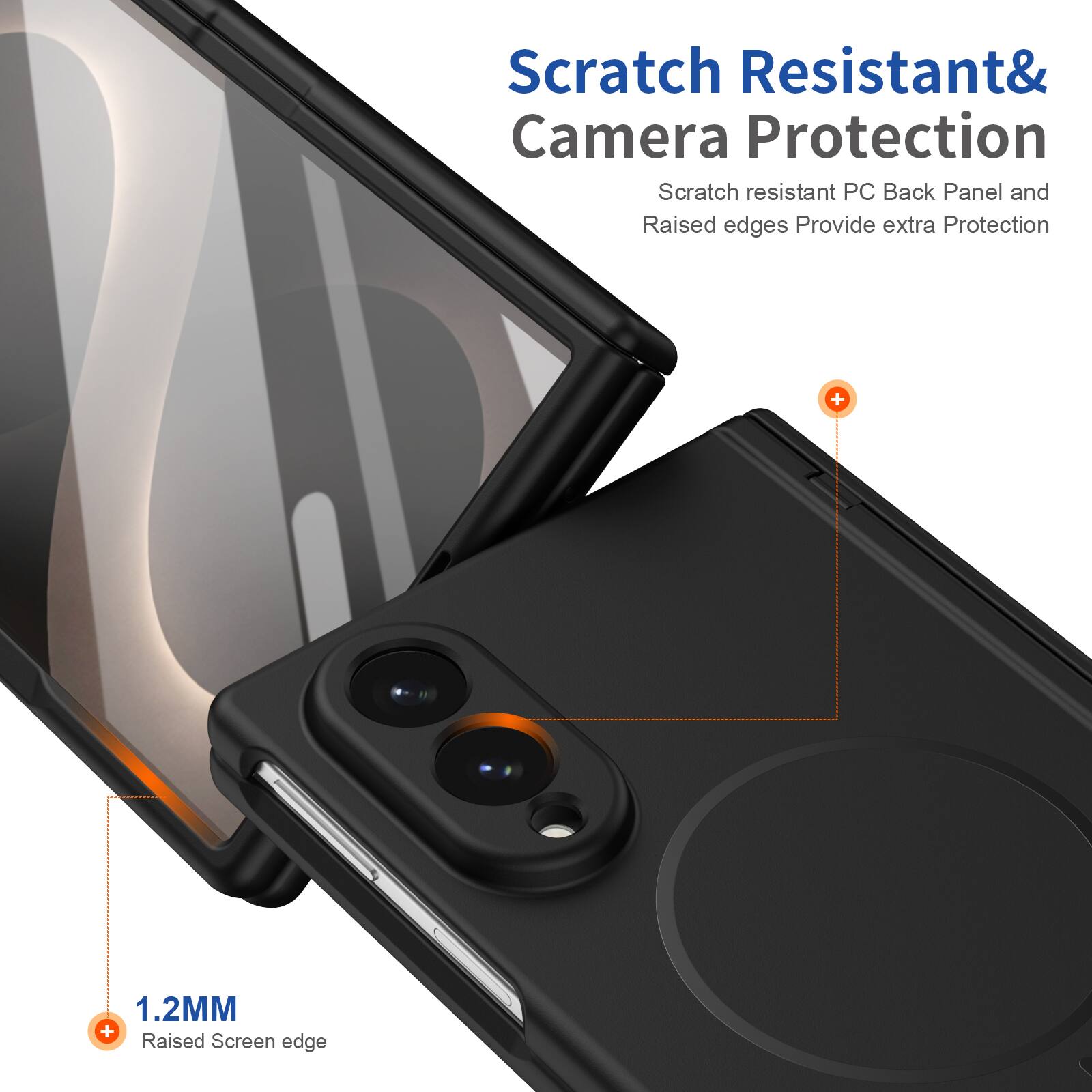 Scratch Resistant & Camera Protection  
Scratch resistant PC Back Panel and Raised edges Provide extra Protection  
1.2MM Raised Screen edge