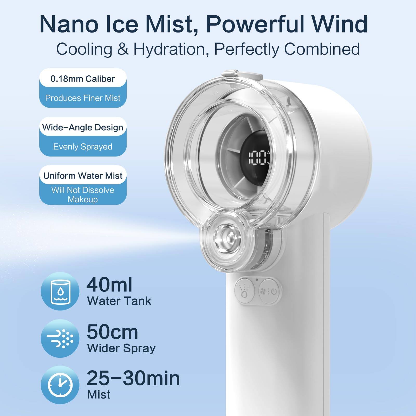 Nano Ice Mist, Powerful Wind Cooling & Hydration, Perfectly Combined  
0.18mm Caliber Produces Finer Mist  
Wide-Angle Design Evenly Sprayed  
Uniform Water Mist Will Not Dissolve Makeup  
40ml Water Tank  
50cm Wider Spray  
25-30min Mist