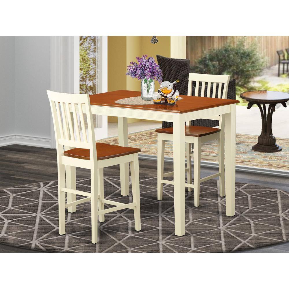 Back. East West Furniture - 3 Pc counter height pub set - Kitchen dinette Table and 2 Kitchen bar stool. - Buttermilk & Cherry.