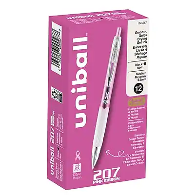 Uniball 207
Smooth, Quick Drying Gel Ink
Encre Gel Lisse
Black / Noir
Medium / Moyenne
0.7mm
12 pens
City of Hope
Pink Ribbon
Supports Breast Cancer Research & Education
Soutient la Recherche et l'Éducation sur le Cancer du Sein
Water Fading
Fading Resistant
Fading Resistant
Uniball 207
1745267