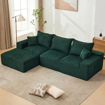 Front. Babevy - 110" Modular Sectional Sofa, L-Shaped Cloud Couch with Chaise Lounge, Boneless Deep Seat Sofa for Living Room - Corduroy-Green-Left.