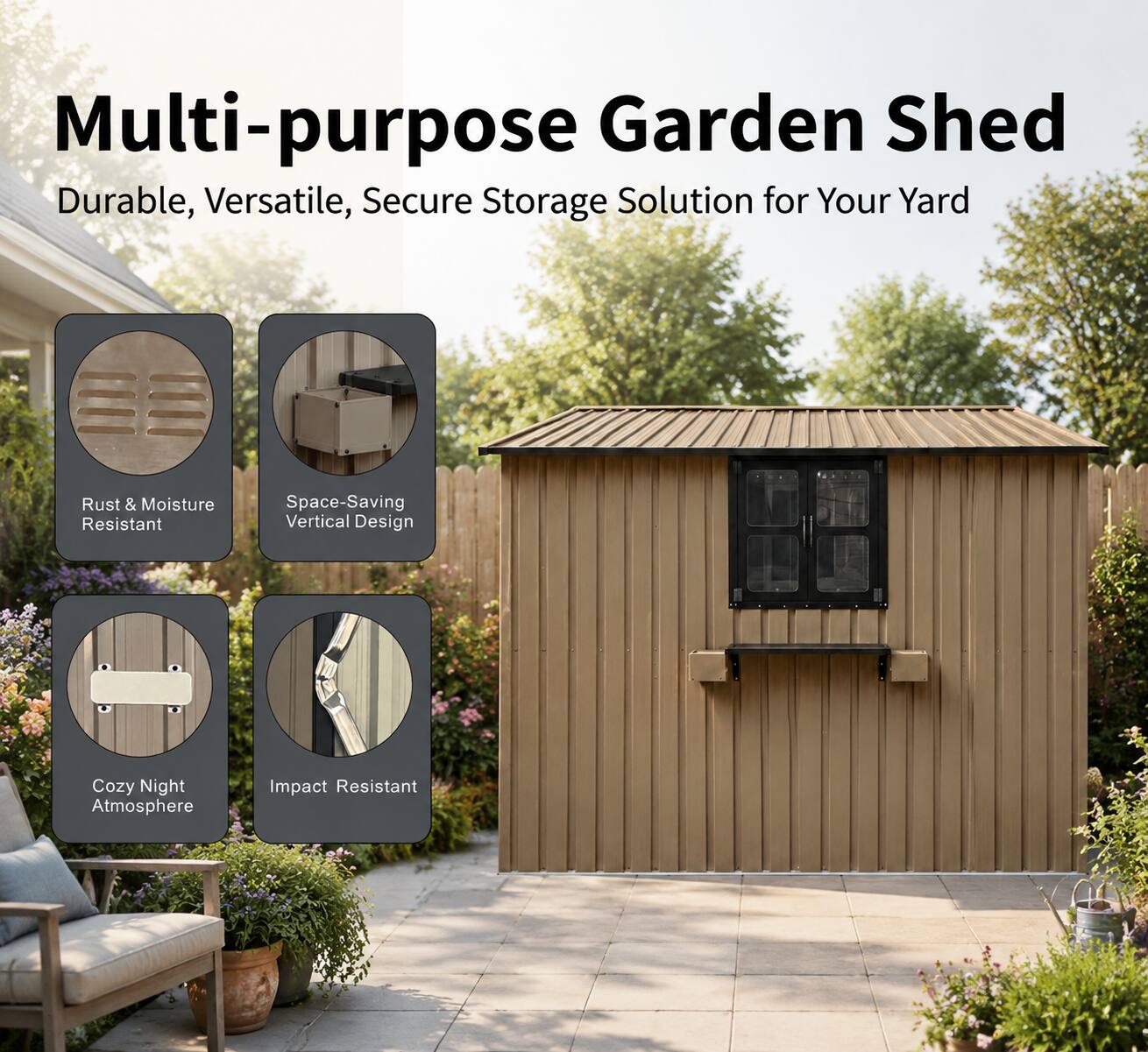 Multi-purpose Garden Shed  
Durable, Versatile, Secure Storage Solution for Your Yard  

- Rust & Moisture Resistant  
- Space-Saving Vertical Design  
- Cozy Night Atmosphere  
- Impact Resistant