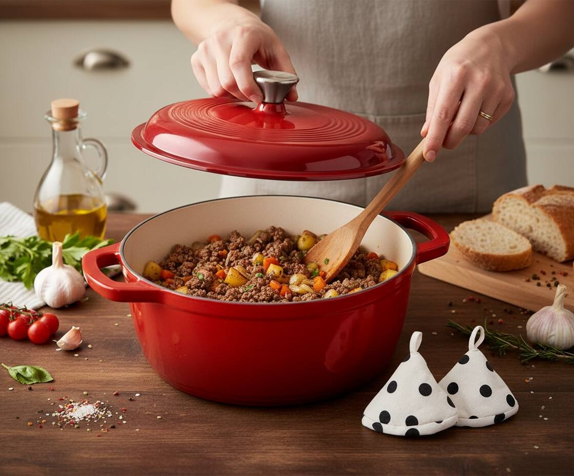 Alt View 4. FINEAK - 5QT Enameled Cast Iron Dutch Oven with Potholders for Versatile Cooking-Red - Red.