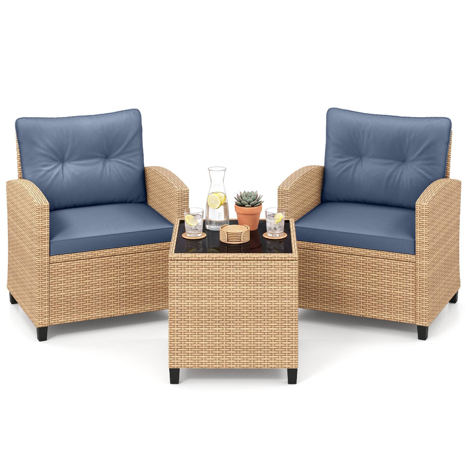 Alt View 1. Costway - Costway 3PCS Patio Furniture Set, Rattan Conversation Set with Soft Seat & Back Cushions - Light Brown+Bluish Gray.