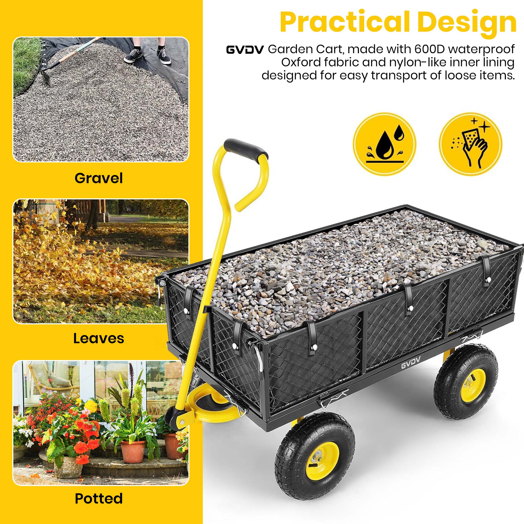Practical Design GVDV Garden Cart, made with 600D waterproof Oxford fabric and nylon-like inner lining designed for easy transport of loose items.

Gravel
Leaves
GVDV
Potted