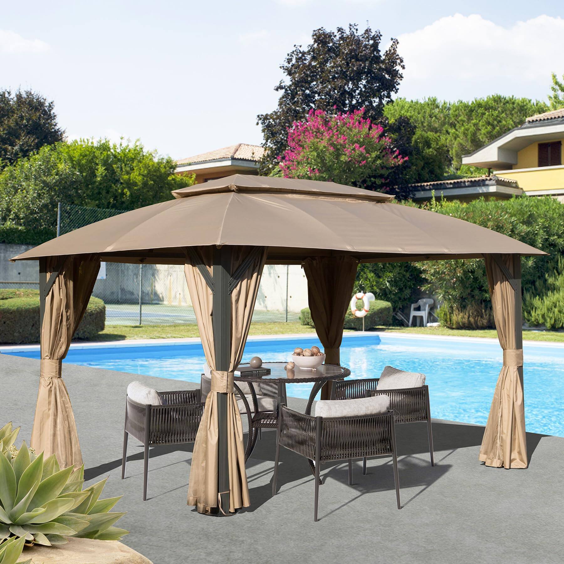 Alt View 9. Boyel Living - Outdoor Double Roof Gazebo with Curtains and Mosquito Netting Heavy Duty Metal Frame - Brown.