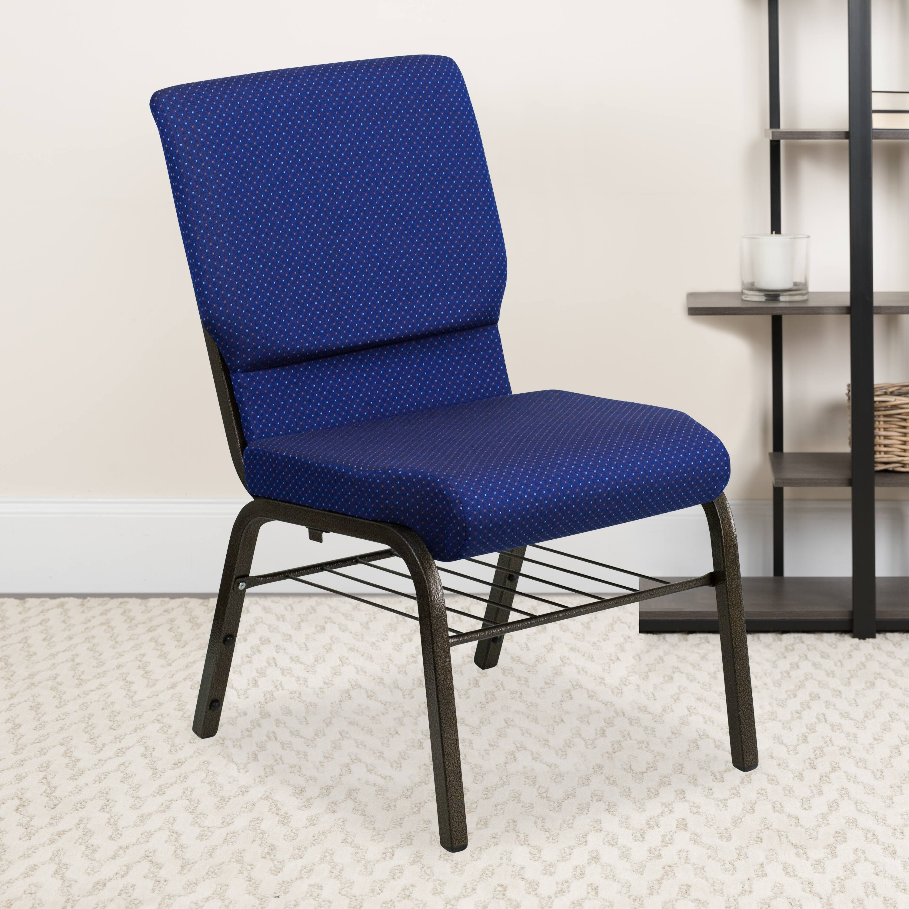Alt View 1. Emma + Oliver - Auditorium Chair - 19" Seat - Book Rack - Navy Blue Patterned Fabric/Gold Vein Frame.