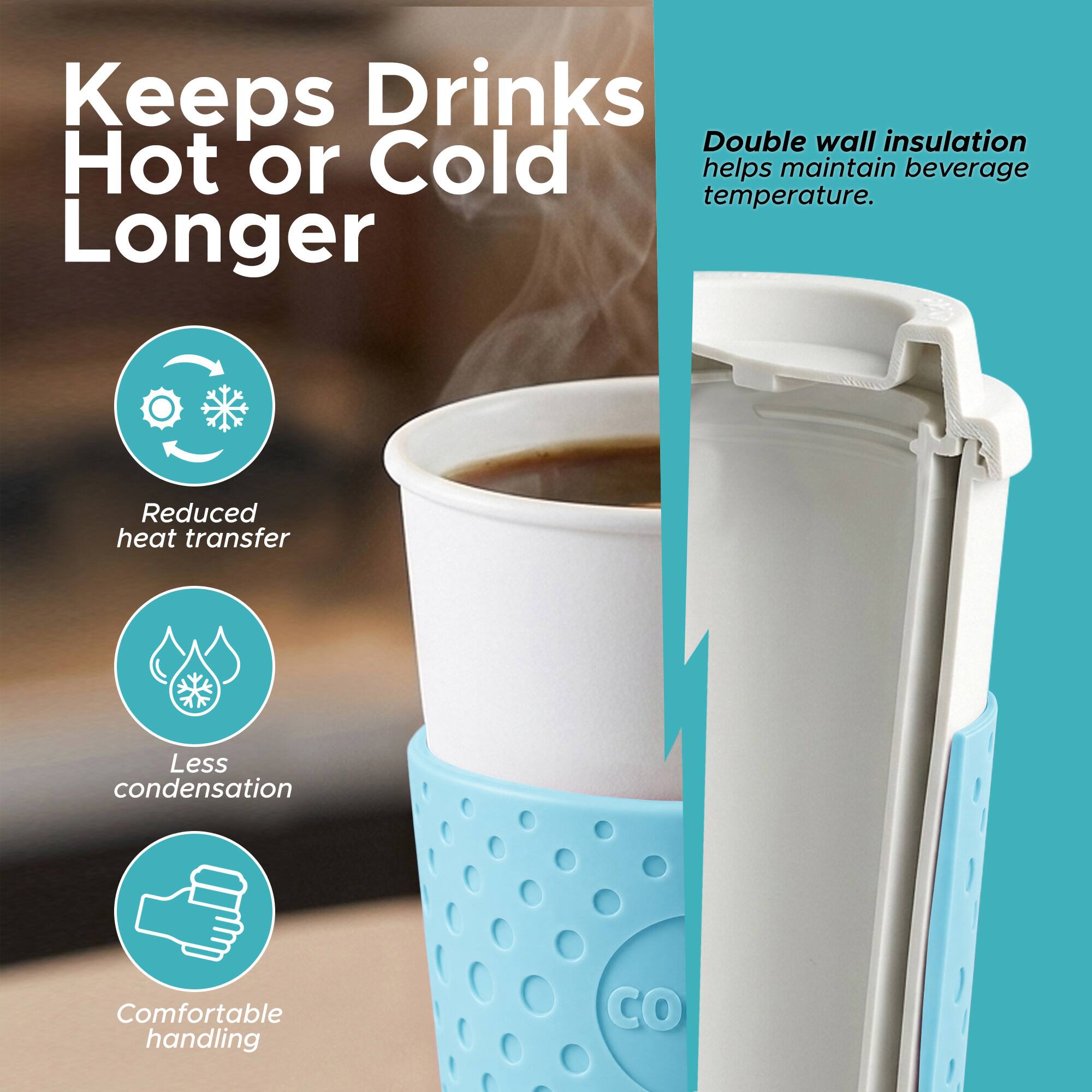 Keeps Drinks Hot or Cold Longer

Double wall insulation helps maintain beverage temperature.

- Reduced heat transfer
- Less condensation
- Comfortable handling