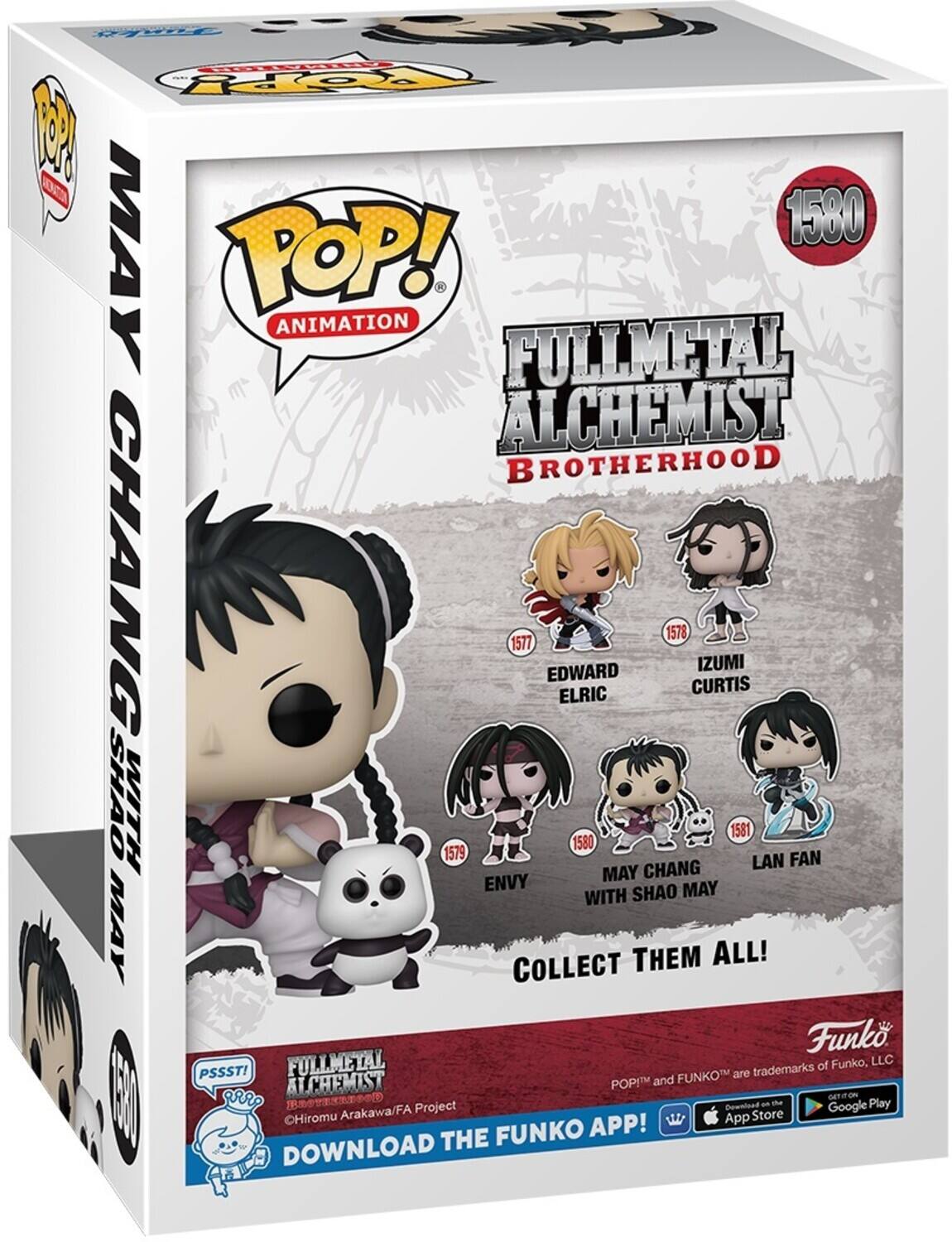 POP! ANIMATION, FULLMETAL ALCHEMIST BROTHERHOOD, 1580, MAY CHANG, 1577, EDWARD ELRIC, 1578, CURTIS IZUMI, 1579, ENVY, 1580, MAY CHANG WITH SHAO MAY, 1581, LAN FAN, COLLECT THEM ALL!, Funko, LLC, PSSST!, FUNKO, LLMETAL, POPM, Hiromu Arakawa/FA Project, DOWNLOAD THE FUNKO APP!, App Store, Google Play