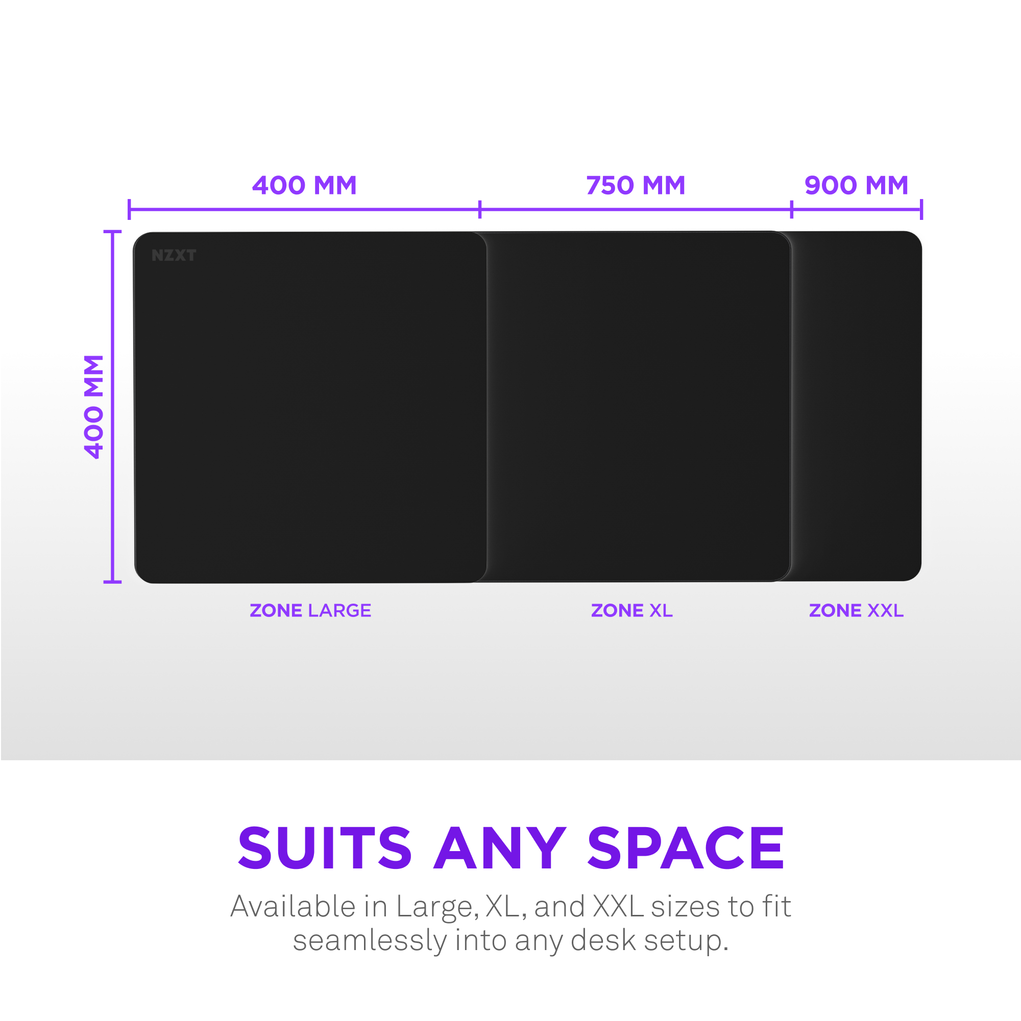 The text on the image reads: "400 MM 750 MM 900 MM NZXT MM 400 ZONE LARGE ZONE XL ZONE XXL SUITS ANY SPACE Available in Large, XL, and XXL sizes to fit seamlessly into any desk setup."