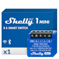 Shelly 1 Mini Gen3 8 A SMART SWITCH x1
Shelly 1 Mini Gen3
110-240 VAC, 50/60 Hz
max. 8 A / 2000W @ 240 VAC
max. 5 A / 150 W @ 30 VDC
