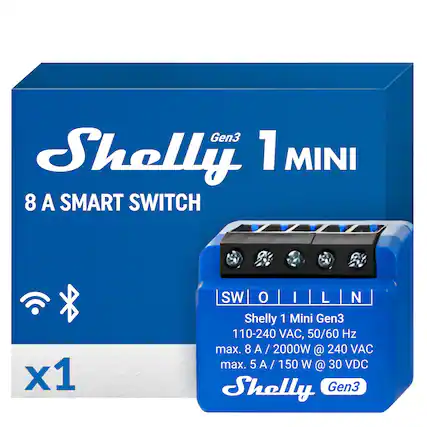 Shelly 1 Mini Gen3 8 A SMART SWITCH x1
Shelly 1 Mini Gen3
110-240 VAC, 50/60 Hz
max. 8 A / 2000W @ 240 VAC
max. 5 A / 150 W @ 30 VDC