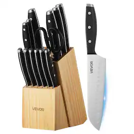 VEVOR - Kitchen Knife Set with Block and Sharpener, 15 Piece High Carbon Stainless Steel Sharp Knife Set, Kitchen Cutlery - Natural wood color